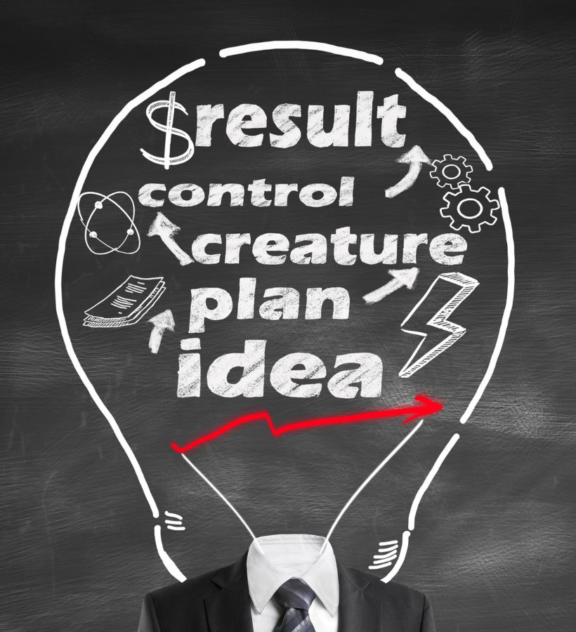 Illustration of a lightbulb drawn on a chalkboard, filled with words such as 'result,' 'control,' 'creature,' 'plan,' and 'idea,' symbolizing brainstorming and strategic planning. A suit and tie are shown below the lightbulb, suggesting a professional or business context.